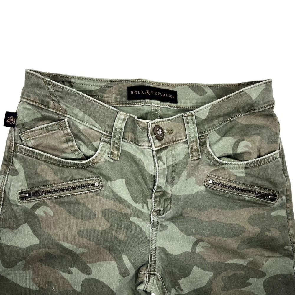Rock & Republic‎ Kashmiere Skinny Jeans Womens 4M Olive Green Camouflage Moto - Picture 3 of 5